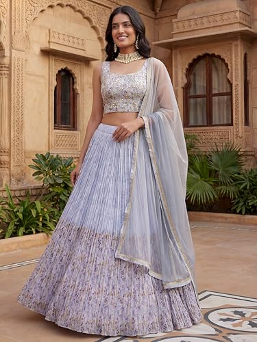 Zeel Clothing Digital Print Mirror Hand Work Georgette Lehenga Choli with Dupatta (5100-Blue-Women-Stylish-Lehenga-Choli; Free Size)