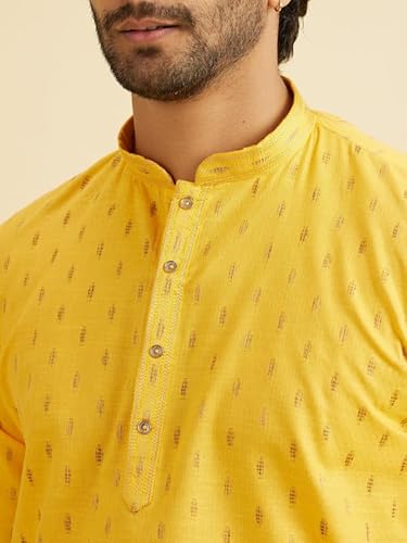 Manyavar Men's Cotton Jacquard| Thread Work Short Kurta (Mustard,M)