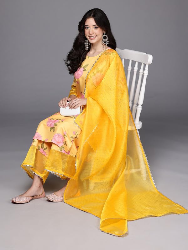 Ahalyaa Women's Polyester Kurta Set (AHKUPZDU-COMBO-1123_Yellow