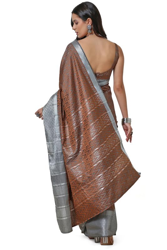 Soch Womens Grey Art Silk Chevron Woven Design Saree