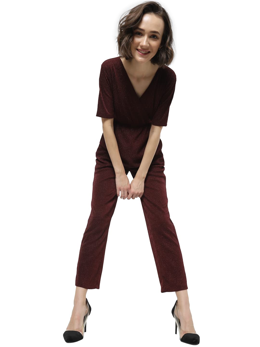 ONLY Short Sleeves Polyester Womens Long Jumpsuits (SS22ON15275021003, MAROON, 38)