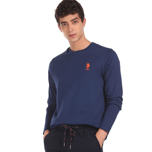 U.S. POLO ASSN. Men Pure Cotton Long Sleeve Solid I693 Regular Fit T-Shirt - Pack of 1 (Mid Blue L)
