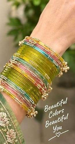 MEHNDI Colour Jelly Glass Bangles Set with Gold-Tone Floral Charms, Kashmiri bangles.