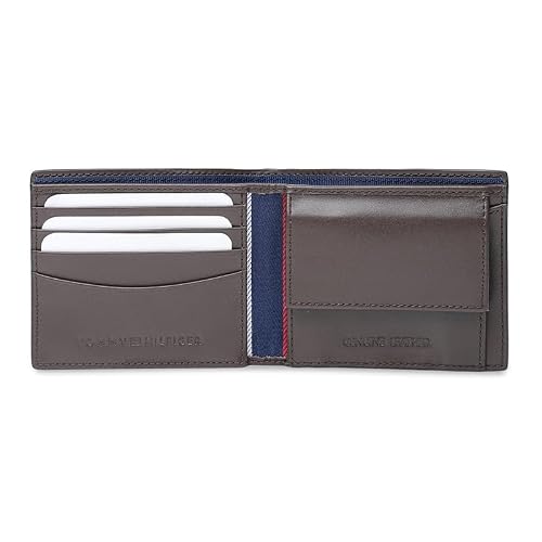 Tommy Hilfiger Men's Leather Wallet Strovolos | Laser-Detailed Brown Bi-Fold with Global Coin Pocket | Stylish Purse for Gents