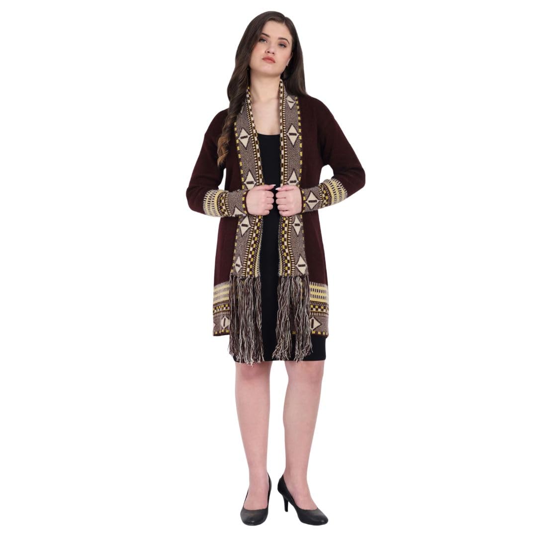 HAUTEMODA Women Winter Wear Long Front Open Sweater Shrug (in, Alpha, L, Regular, Dark Brown)