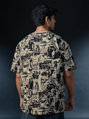 The Souled Store Batman: Gotham City Men and Boys Half Sleeves Round Neck Graphic Printed Cotton Lightweight All-Season Oversized T-Shirt Beige