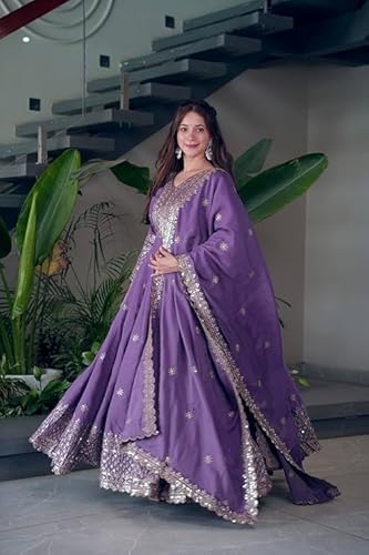 Women Most Beautiful Shimmer Silk Gown with Dupatta Long Dress, Latest Silk Long Anarkali Gown Set for Girls and Woman (in, Alpha, XL, Regular, Woman, Purple)