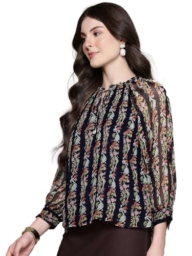 Label RITU KUMAR Round Neck Full Sleeves Printed Top with Inner Navy