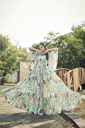 Samprag Rayon Gown for Women | Full Length | Printed | Fit & Flare | Flared & Bell Sleeves | Round Neck | Ethenic Dress | Ideal for Casual, Wedding & Party Occassions | Off-White & Pink | XL