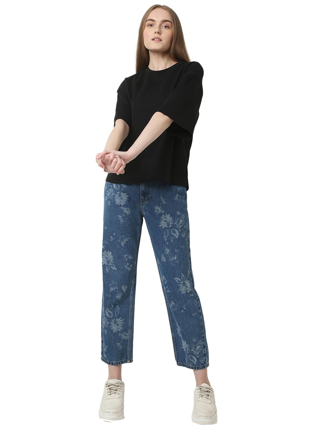 VERO MODA Women Solid Black Cotton Relaxed Fit T-Shirt