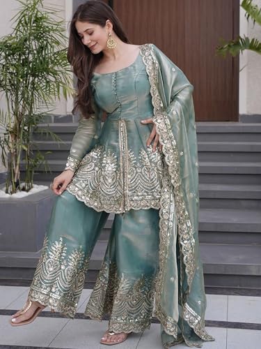 VARNI FABRICS: A lady's First Love Women's Teal Blue Fandy Silk Embroidered Kurta With Sharara And Dupatta Set, Ethnic Set For Women (IN, Alpha, L, Regular)