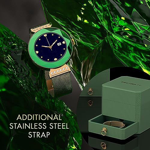 Fire-Boltt Emerald Gemstone-Studded Diamond Cut Smart Watch with 1.09” HD Display, Multiple Sports Modes, Health Suite, Wireless Charging, IP68 with Additional Stainless Steel Strap (Green)