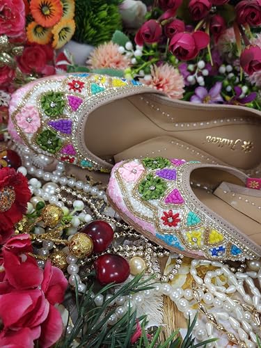 Fulkari Women Flowers Beige Gold Multi Formal Genuine Soft Leather Jutis | Bite and Pinch Free Juttis | Punjabi Jutti | Girl's Wedding Flat Ladies Mojari Ethnic Juti | 40