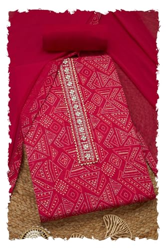 Soch Womens Fuchsia Jam Cotton Bandhani Print Unstitch Dress Material With Beads And Stones