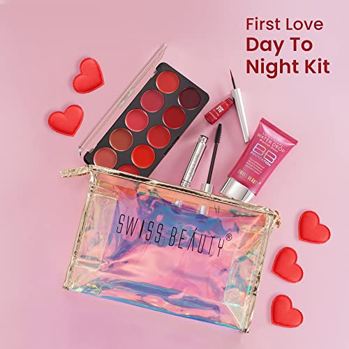 SWISS BEAUTY First Love Day-Night Makeup Kit With Pouch, Bb Foundation Spf15, Multi-Purpose Lip Palette 10 Shades, Smudgeproof &Water-Resistant Eyeliner & Mascara, Long-Lasting For All Occasions