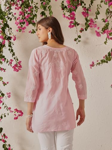 Ada Hand Embroidered Lucknow Chikankari Straight Round Neck Cotton Short Kurti Top for Women A911323 (6XL, Pink)