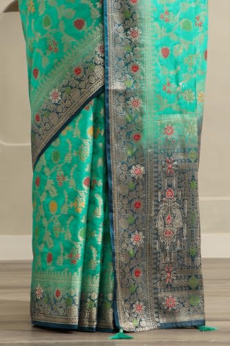 Soch Womens Teal Viscose Botanical Zari Woven Saree With Stone Work