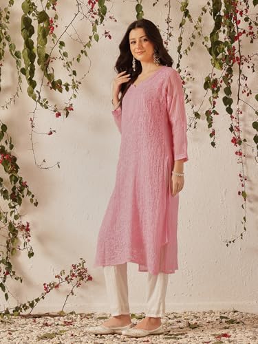 Ada Women's Hand Embroidered Chikankari Cotton Blend Kota Kurta Kurti with Slip A411213 Pink (S)