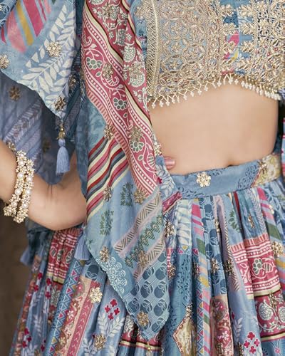 Zeel Clothing Women's Digital Print with Zari Dori Embroidery Work Chinnon Silk Lehenga Choli With Dupatta (7050-Women-Lehenga-Choli-New; Free size) (SkyBlue)