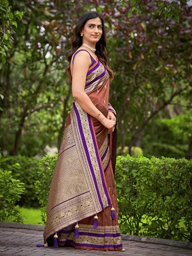 MANOHARI Women's Most Trendy Banarasi Satin Silk Woven Orange Brown & Purple Saree With Heavy Jacquard Work Saree With Blouse Piece_MN2058