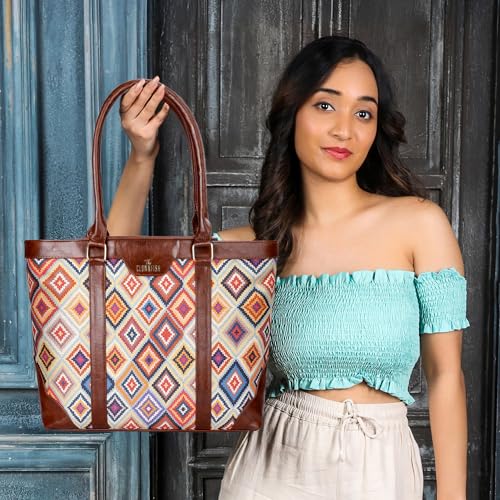 THE CLOWNFISH Miranda Series 15.6 inch Laptop Bag For Women Printed Handicraft Fabric & Faux Leather Office Bag Briefcase Hand Messenger bag Tote Shoulder Bag (Multicolour-Diamond)