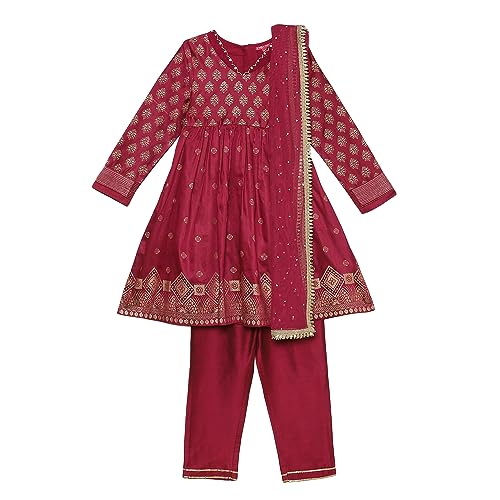 BIBA Polyester Girl Printed Gathered Kid Kurta Set With Dupatta (Kw4761_Wine_7)
