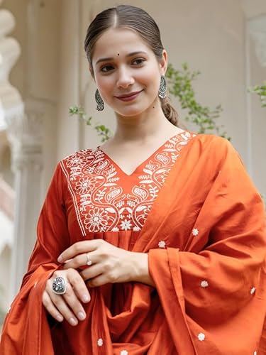 AVYUKTHA | Women Ethnic Motifs Embroidered Kurta with Trors & Dupatta | Traditional Thread Work Kurta Set for Festive & Daily | Orange | Size- S