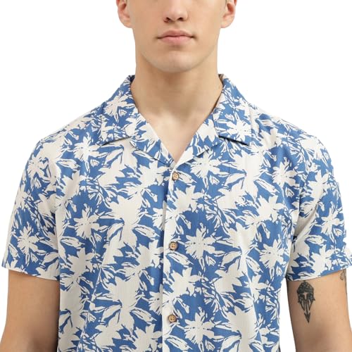 UNITED COLORS OF BENETTON Regular Fit Spread Collar Botanical Print Shirts (Size: M)-24P5BS71U008I901 Blue