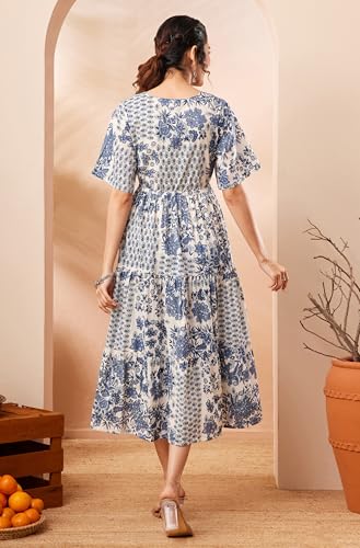 Janasya Women's Blue Pure Cotton Floral Printed Fit & Flare Dress (JAA26DR03620-JA-2XL)