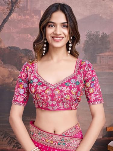 Panzora Women's Georgette Bandhani Printed Pink Saree With Embroidery Unstitched Blouse Piece