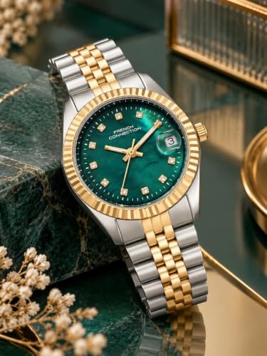 French Connection | Green MOP Dial | Dated Display | Gold Two Tone Stainless Steel Bracelet Strap | Quartz Watch for Women - FCND4NTM