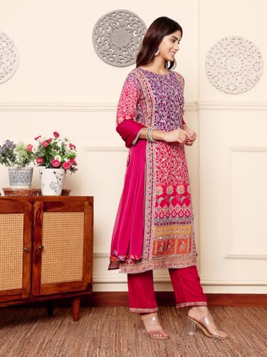Varanga Women Purple And Pink Thread And Gotta Work Straight Kurta With Trousers And Dupatta