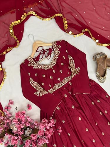styledaura Women Chinon Silk Embroidered Anarkali Gown with Dupatta | Sequins & Zari Work | Fully Stitched Ethnic Wear | Long Flared Dress (Size-M, Maroon) (in, Alpha, XL, Regular)
