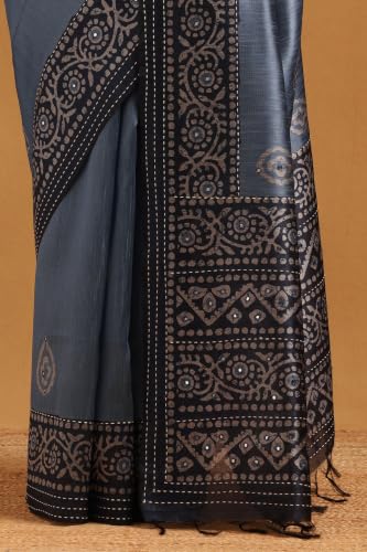 Soch Womens Blue Tussar Kantha Embroidered Saree With Mirror Work