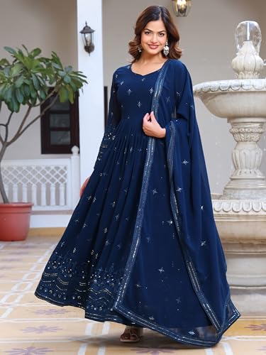 Fashion Basket Women's Georgette Anarkali Lond Dress with Duptta Turquoise