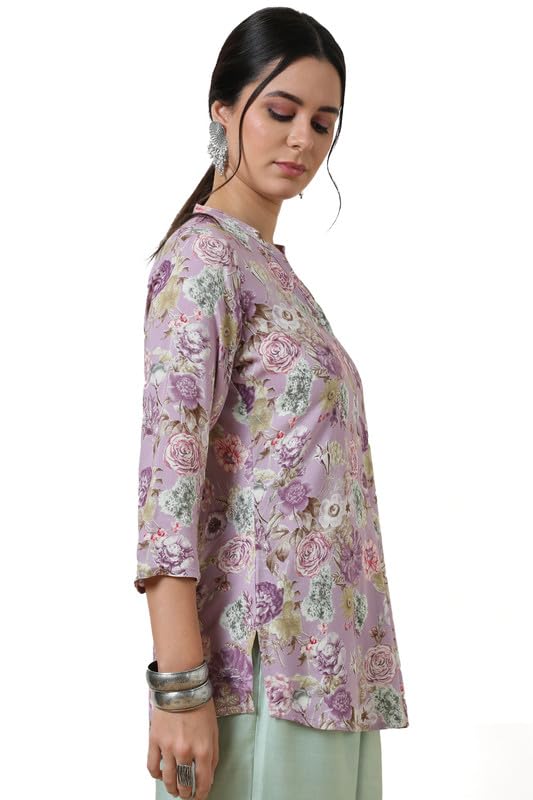 Soch Womens Purple Rayon Slub Floral Print Straight Tunic