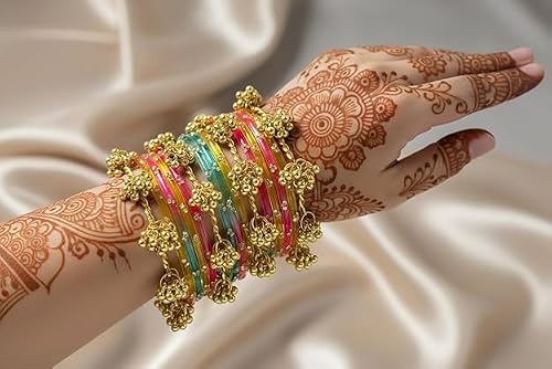 BANGLESKART 16pc Multi Color Glass Bangles Set Viral Kashmiri Ghungroo Chuda with Heavy Gold Guchha Charms Traditional Jewelry for Women Multicolor