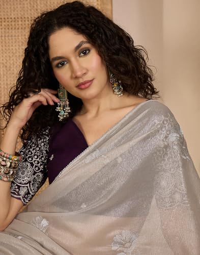 SIRIL Women's Embroidery, Lace Saree With Unstitched Blouse Piece(4961S702_Beige)