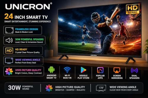UNICRON 24”INCH Frameless HD Ready Android Smart LED TV | WiFi Enabled | Built-in Apps Compatible (YouTube, Netflix, Prime Video) | Screen-Mirror | HDMI, USB Connectivity & A+