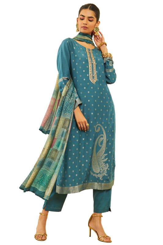 Soch Womens Teal Brocade Woven Design Suit Set With Zardosi Work