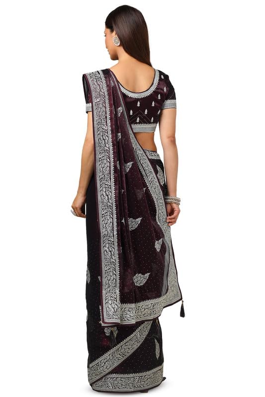 Soch Womens Wine Organza Zari Embroidered Saree With Stone Work