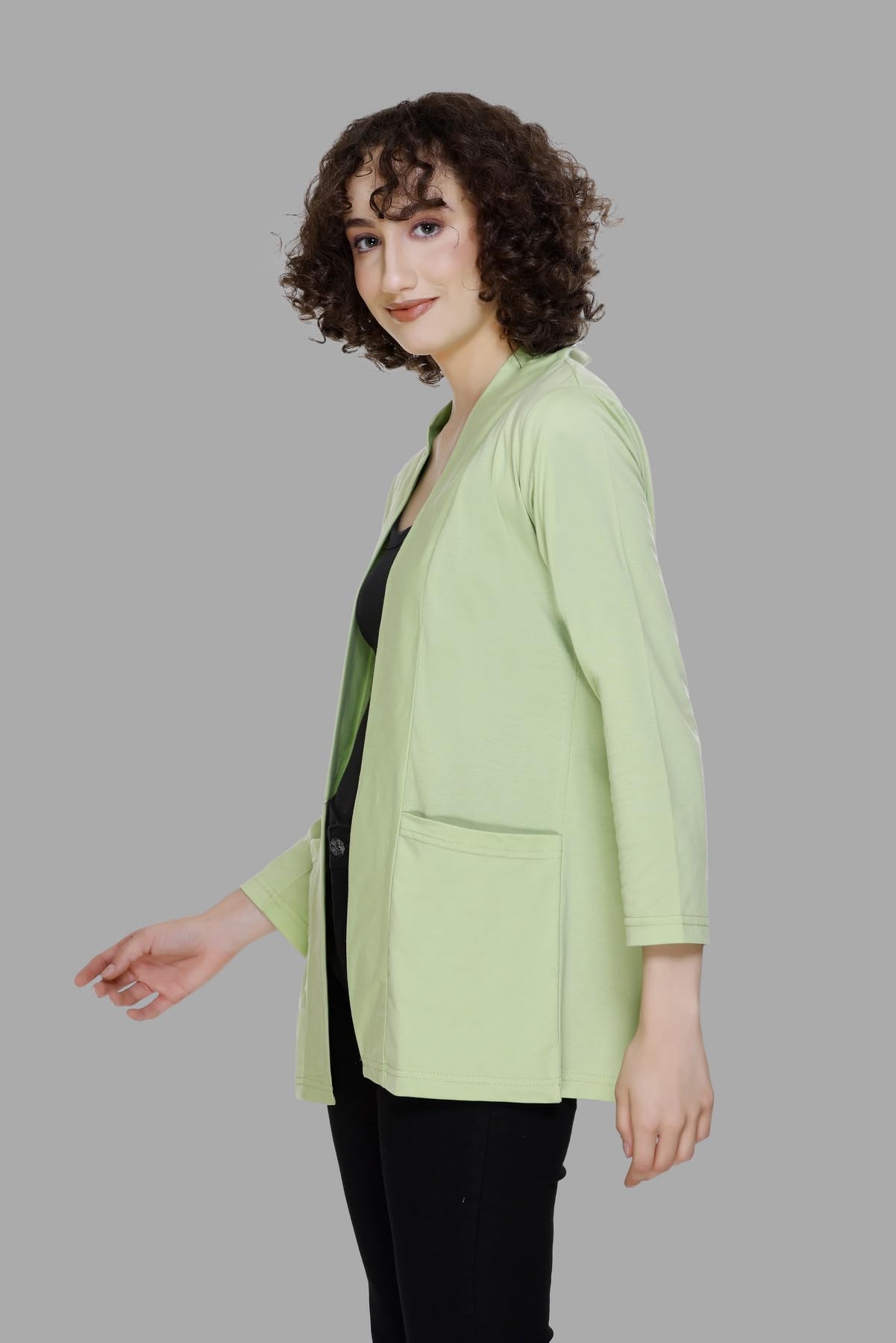 Plush Women's Cotton Waterfall Front Open Regular Mid Length Shurgs | Girls/Ladies Shrug with Front Pockets (2XL-Light Green)