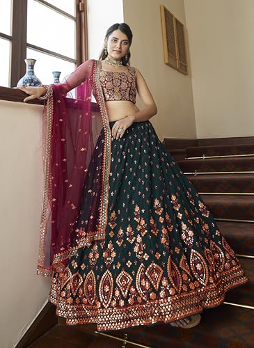 Anvruya Boutique Women's Faux Georgette Embroidery Lehenga Choli with Dupatta | Bridal Wedding Lehenga Choli for women (GREEN, FREE)