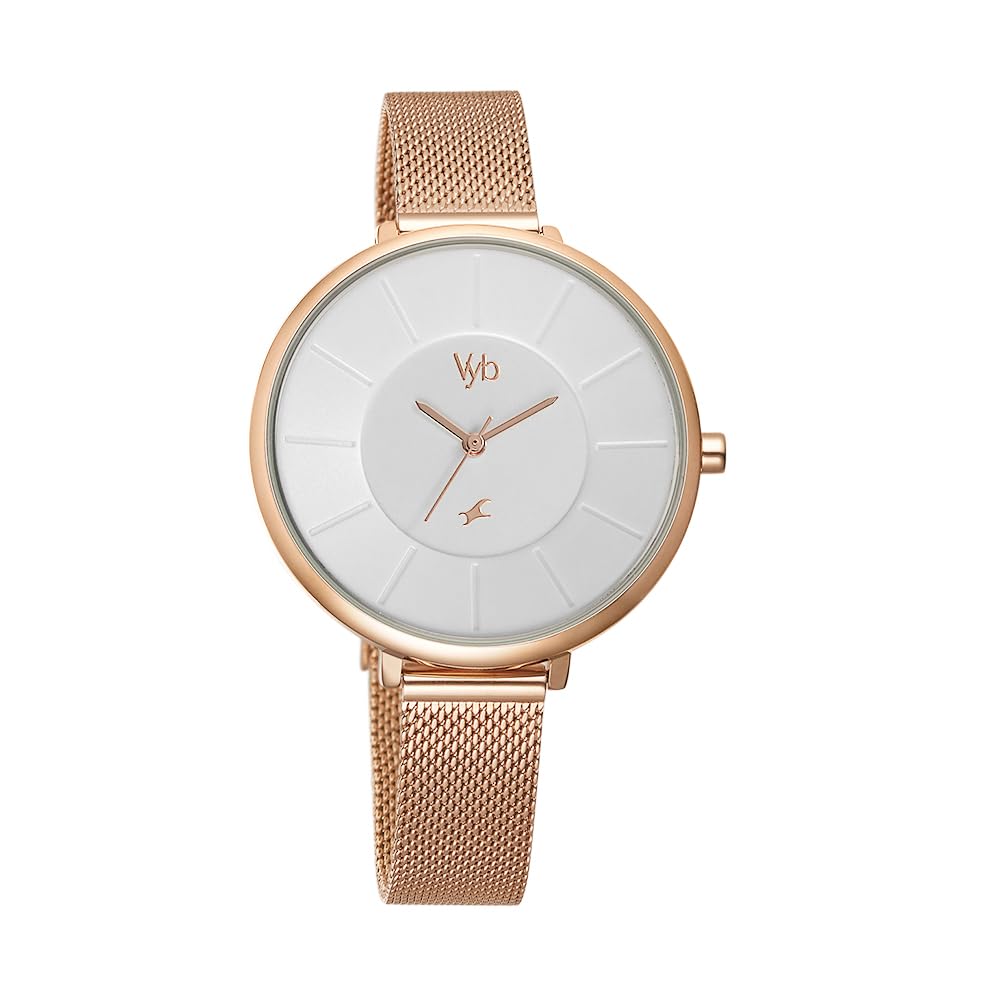 Fastrack Vyb Halo Quartz Analog White Dial Rose Gold Stainless Steel Strap Watch for Girls - FV60016WM01W