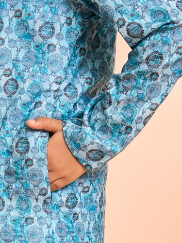 Manyavar Boys Blended Cotton Jaal Pattern Printed Kurta Pyjama Set (Turquoise Blue,2-3Y)