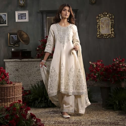 BIBA Women Off-White Cotton Silk Embroidered Kalidar Suit Set_42