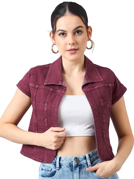 Style Quotient Women Wine Open Front Denim Shrug