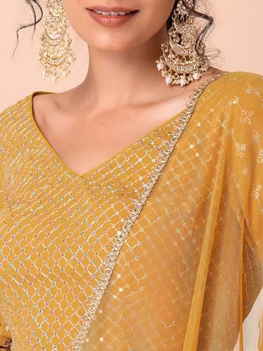 Zeel Clothing Women's Georgette Embroidered Fabric Sequins Embroidered New Lehenga Choli with Dupatta (5071-Yellow-Wedding-Designer-Latest; Free Size), Customizable Length