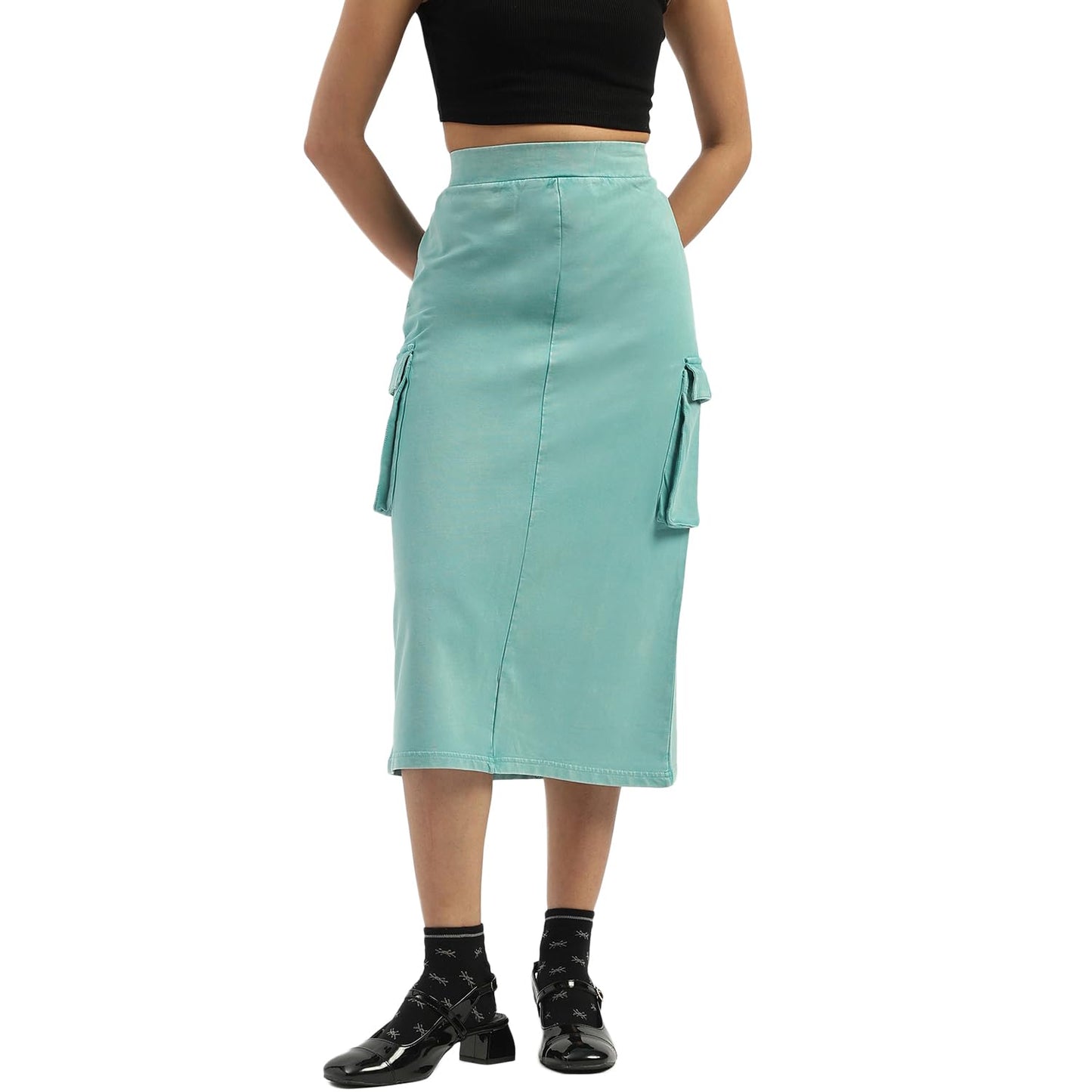 UNITED COLORS OF BENETTON Solid Midi Cargo Skirt (Size: XS)-25P3E29D3386I08N Blue