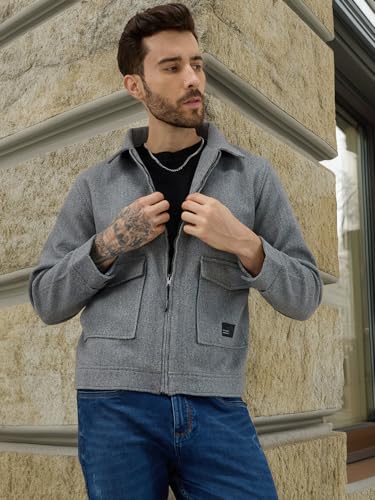 Status Quo Men's Solid Wool Blend Finish Spread Collar Front Flap Pocket Shacket | 90% Polyester,10% RAYON | GREY | 4XL Size